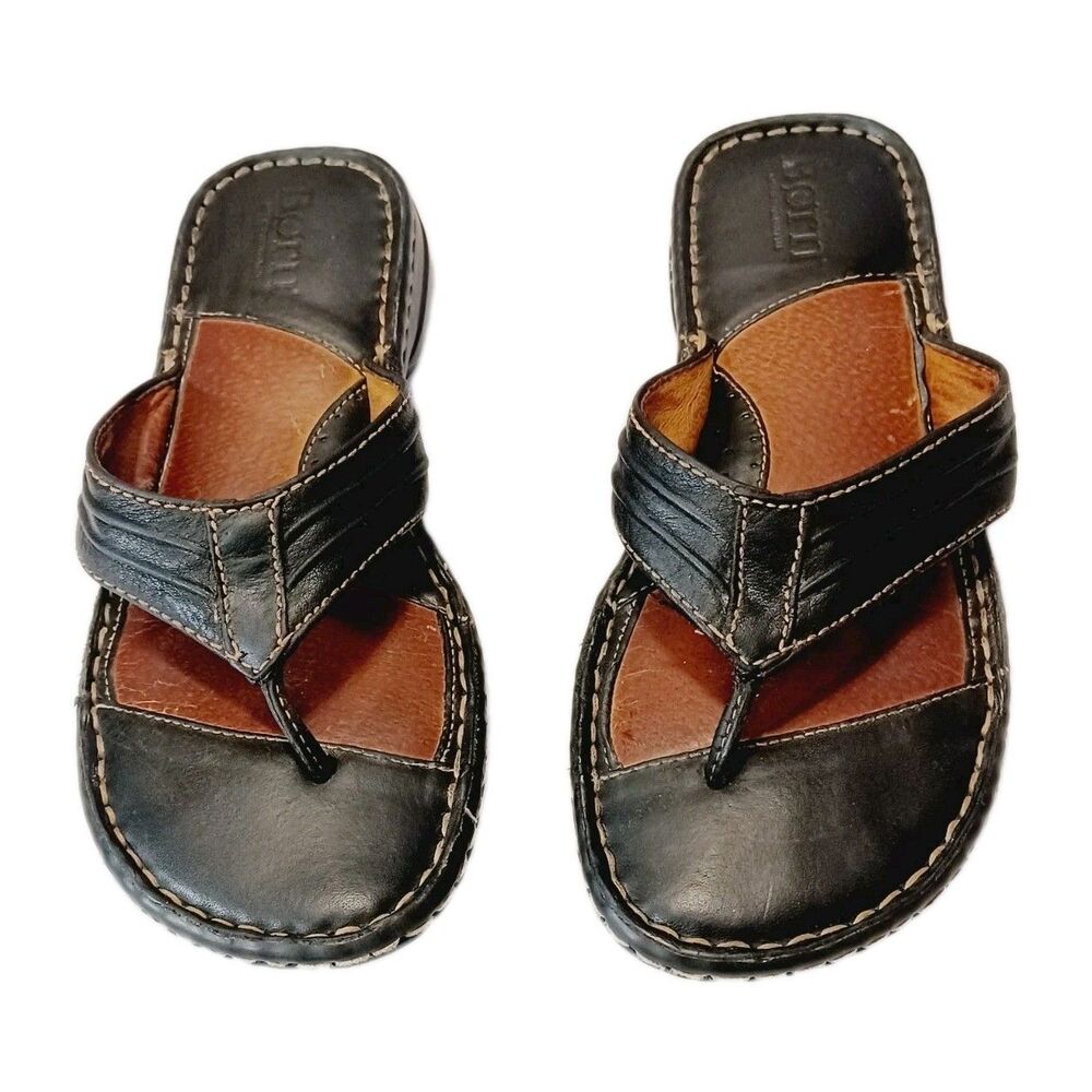Born Women's Black Leather Slip-on Thongs Sandals Size 6.5